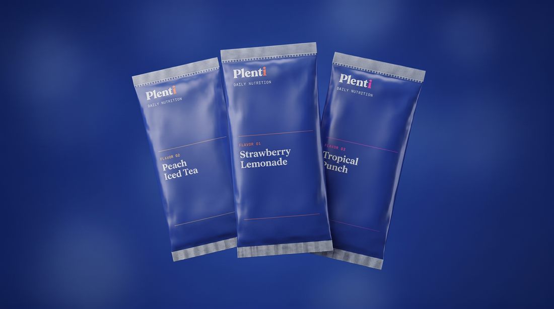 Plenti daily nutrition stick packs &mdash; Strawberry Lemonade, Peach Iced Tea, Tropical Punch
